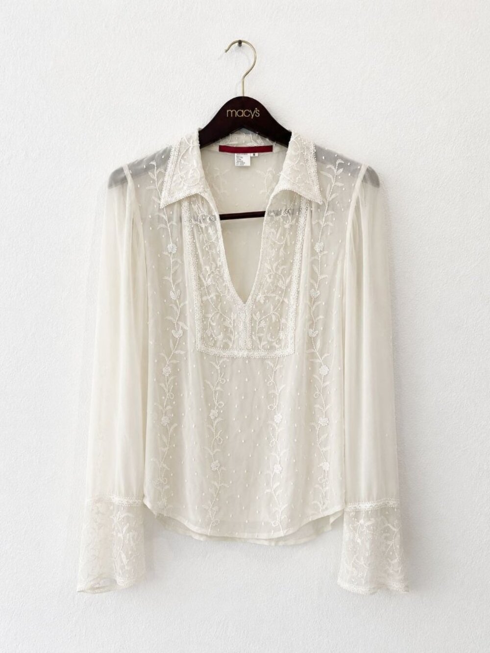 Vintage Cream Silk Women's Beaded Boho Indie Coastal Grandmother Blouse Size M